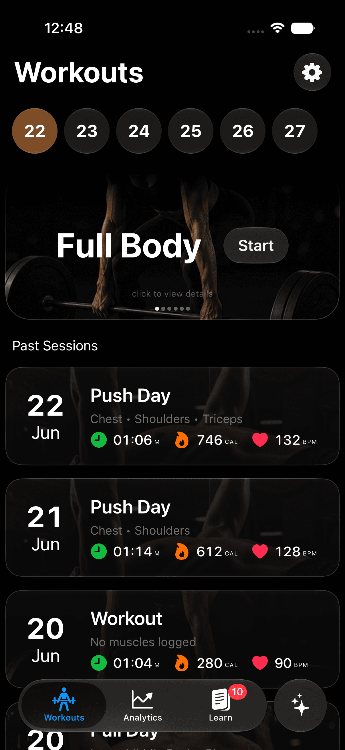 Gyornal workout history screen showing recent sessions and the Learn tab for reviewing recorded training context