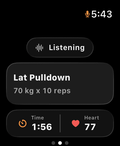 Gyornal on Apple Watch showing an active listening state, the latest exercise, load, reps, time, and heart rate