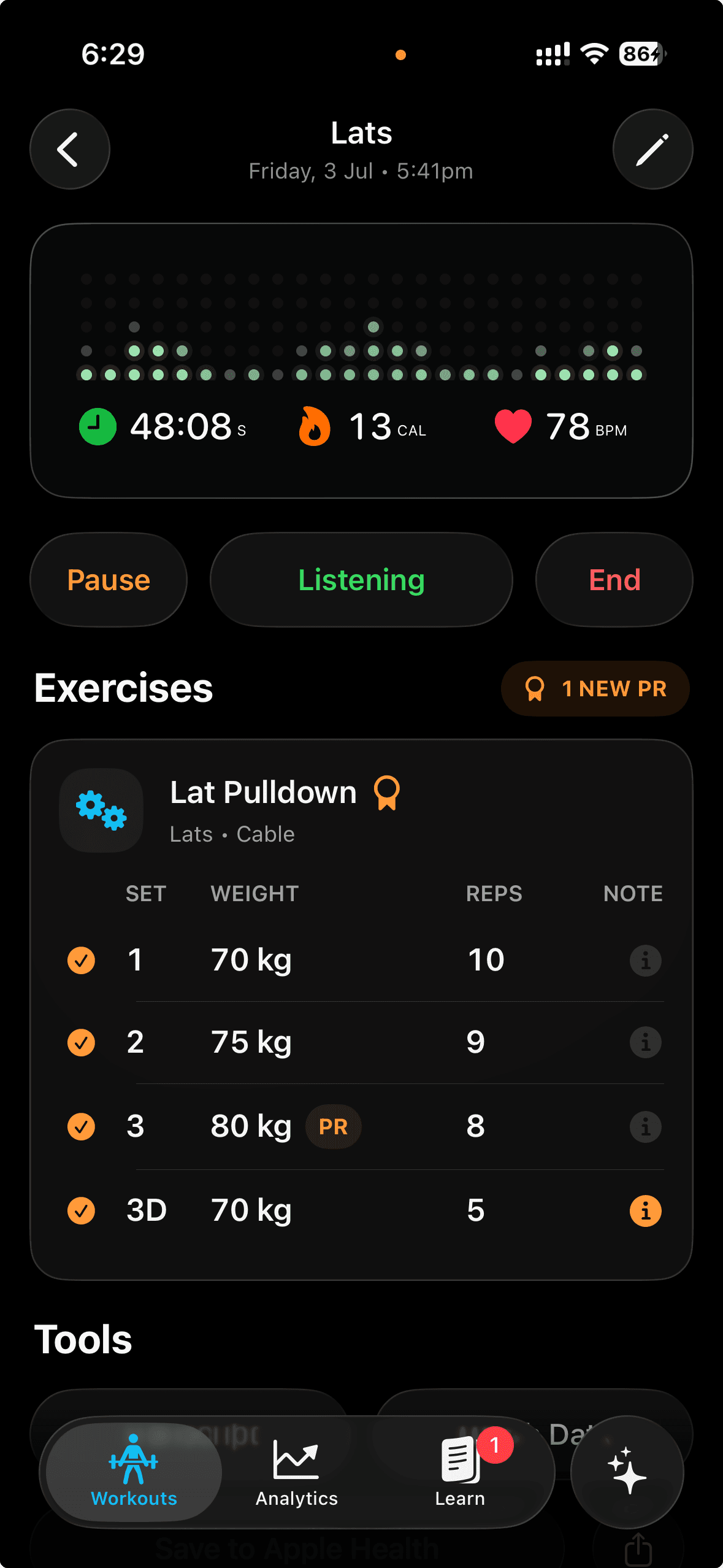 Gyornal session detail showing an active workout, completed lat-pulldown sets, weights, reps, notes, and a personal-record marker